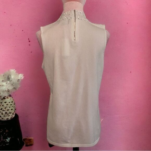 PREMISE SLEEVELESS SWEATER TOP BLOUSE RHINESTONE EMBELLISHED NECK LARGE CREAM - Picture 3 of 8